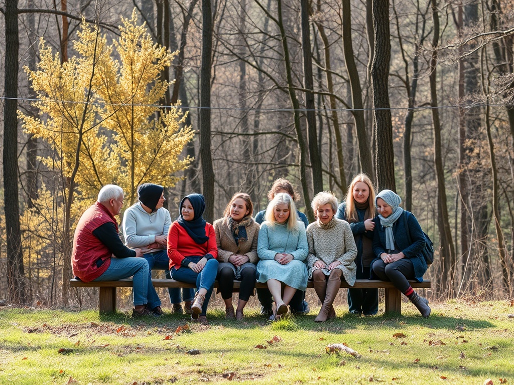 На скамейке сидят женщина и мужчина с группой девушек на фоне леса и желтых деревьев.