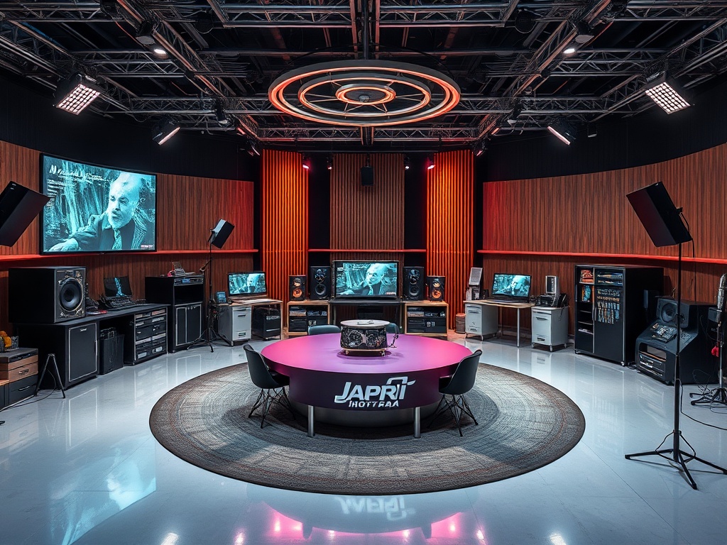 Современная студия с круглыми столами, креслами и различной аудиоаппаратурой на фоне деревянных панелей.
