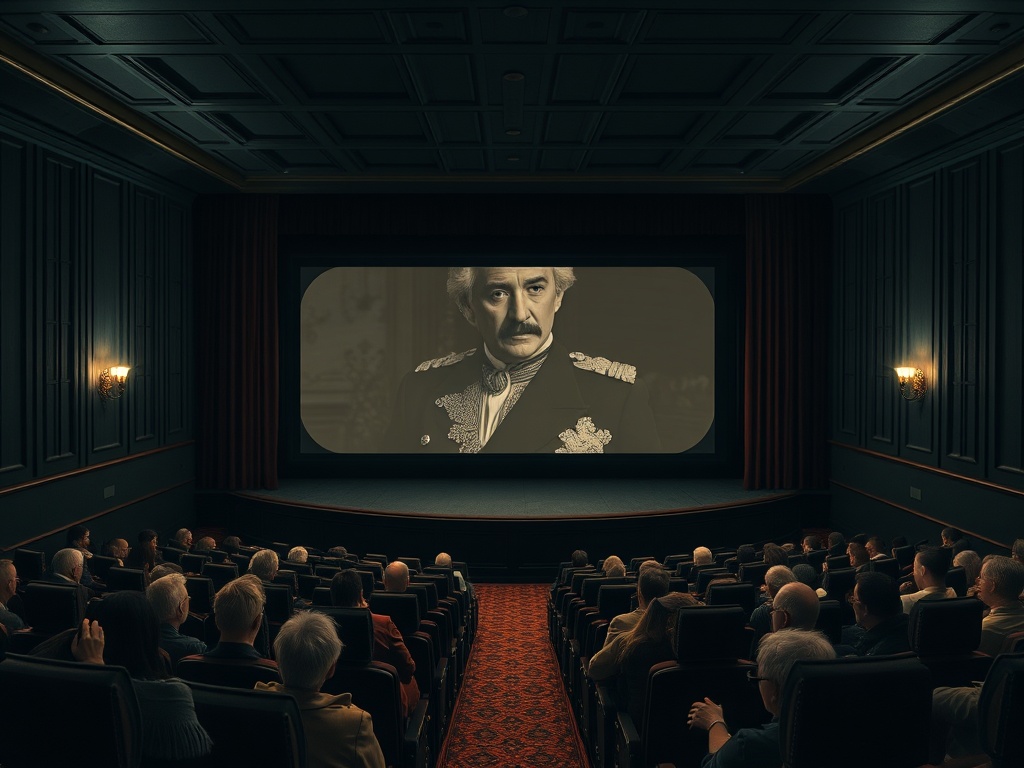 Зал кинотеатра с зрителями, на экране черно-белое изображение мужчины в военной форме.