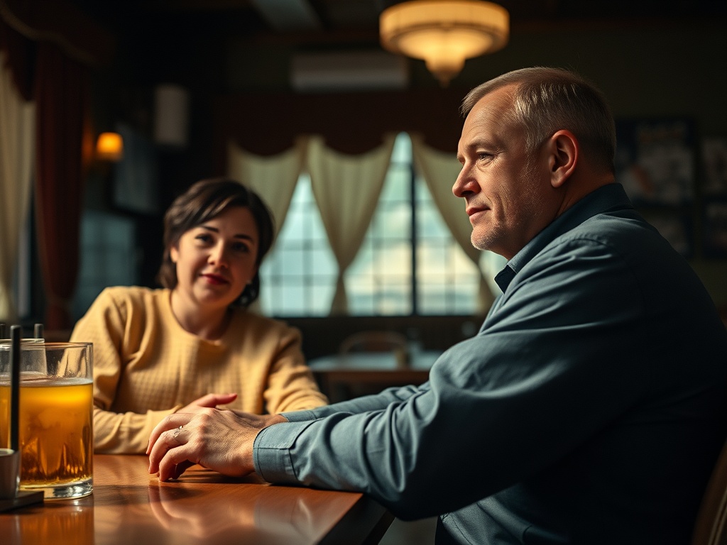 Два человека беседуют в ресторане, на столе стоят два бокала пива и темное освещение вокруг.