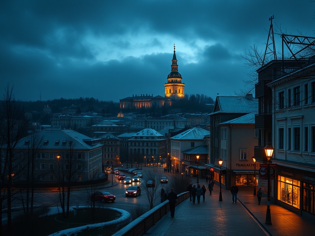 Ночной городской пейзаж с освещённым зданием на холме и прохожими на улице. Тёмные облака над городом.