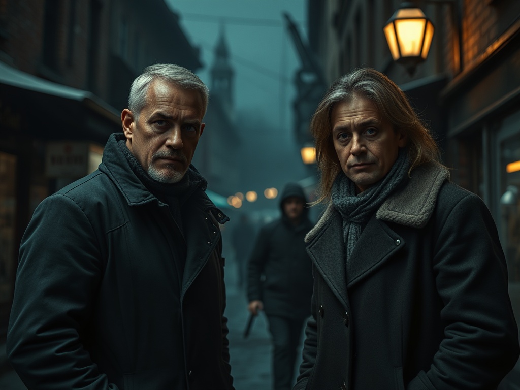 Два мужчины стоят на улице в тумане, один с серьезным выражением, другой кажется настороженным.