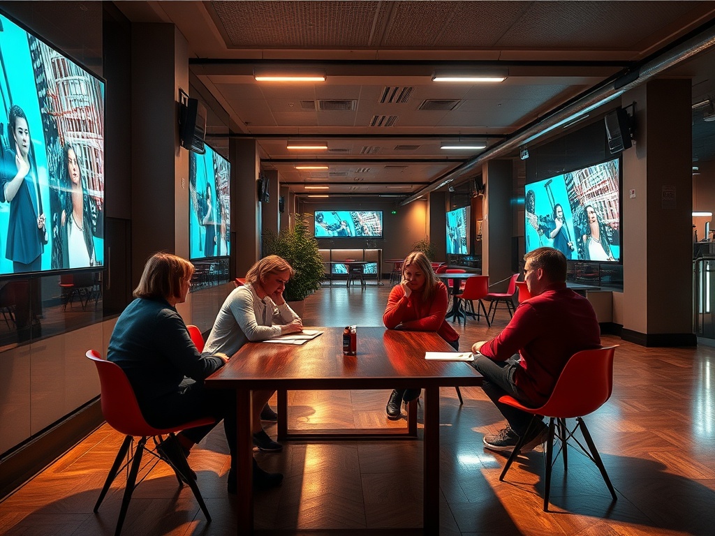 Четыре человека обсуждают что-то за столом в современном офисе, на экранах показывают видео.