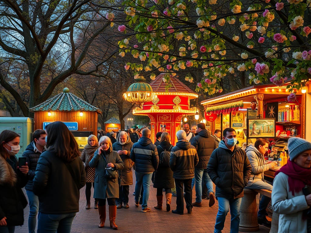 На улице вечер, люди прогуливаются среди ярких павильонов и цветущих деревьев. Атмосфера праздника и уюта.