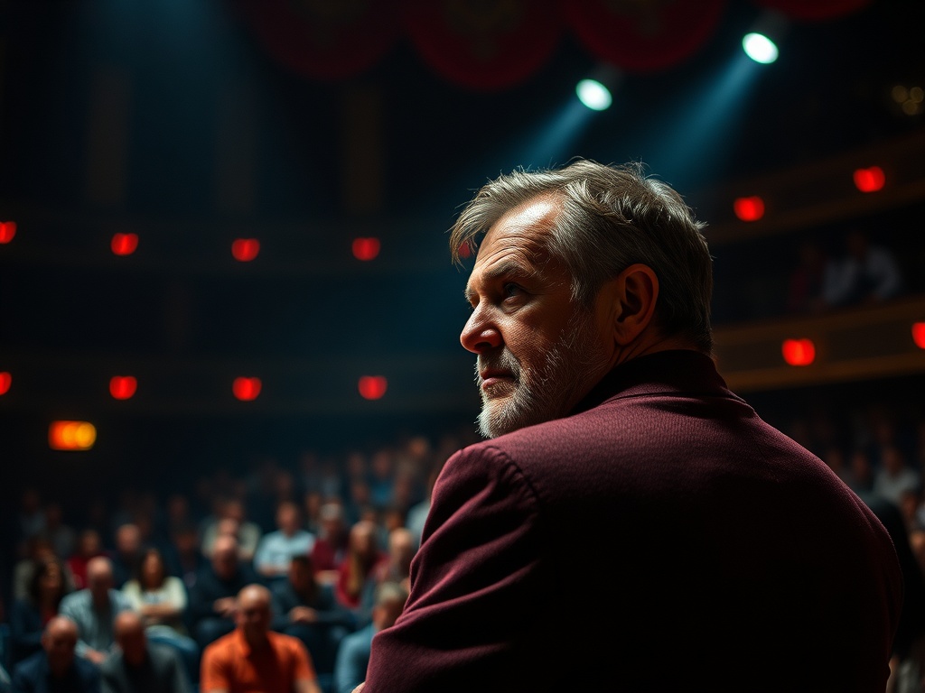 На сцене стоит мужчина с седыми волосами, аудитория внимательно слушает его выступление.