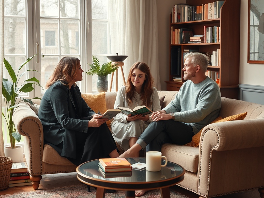 Трое друзей сидят на диване, читают книги и беседуют в уютной комнате у окна.
