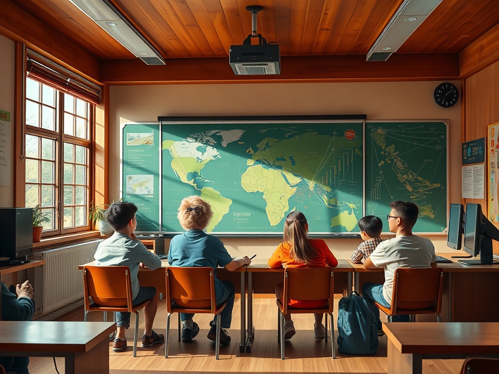 Ученики сидят за партами в классе, смотря на карту мира на стене. Солнечный свет освещает комнату.