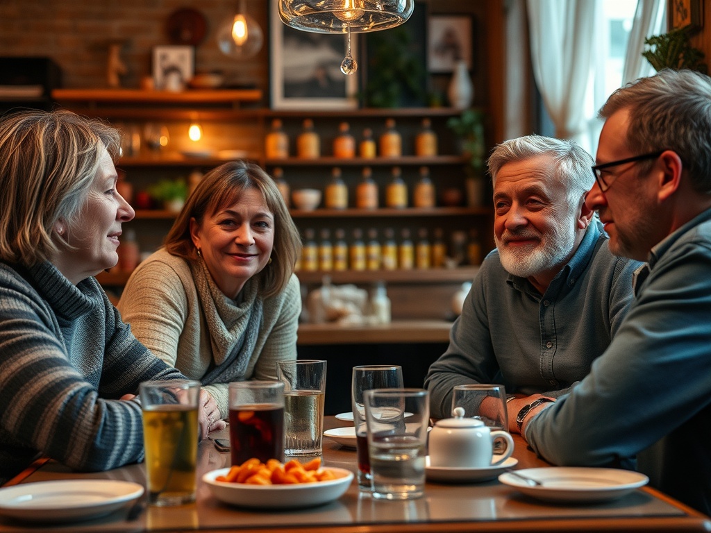 Четыре человека беседуют за столом, наслаждаясь напитками и легкими закусками в уютной обстановке.