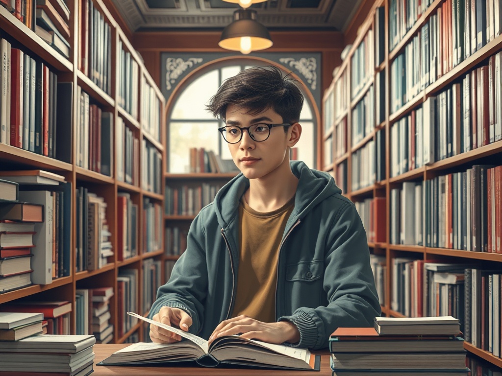 Молодой человек читает книгу в библиотеке, окружённый полками с книгами. Он выглядит сосредоточенным.