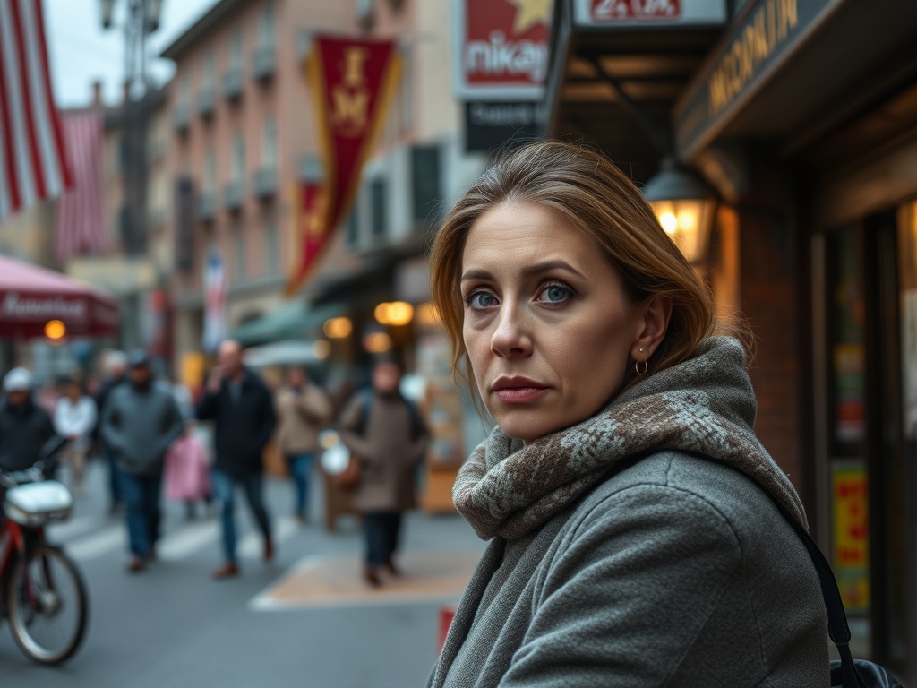 На улице многолюдно. Женщина в сером пальто с шарфом смотрит в камеру, на фоне магазинов и прохожих.