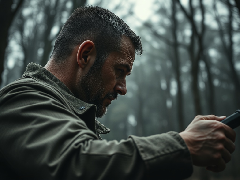 Мужчина с серьезным выражением лица держит в руках предмет, на фоне леса с туманом.