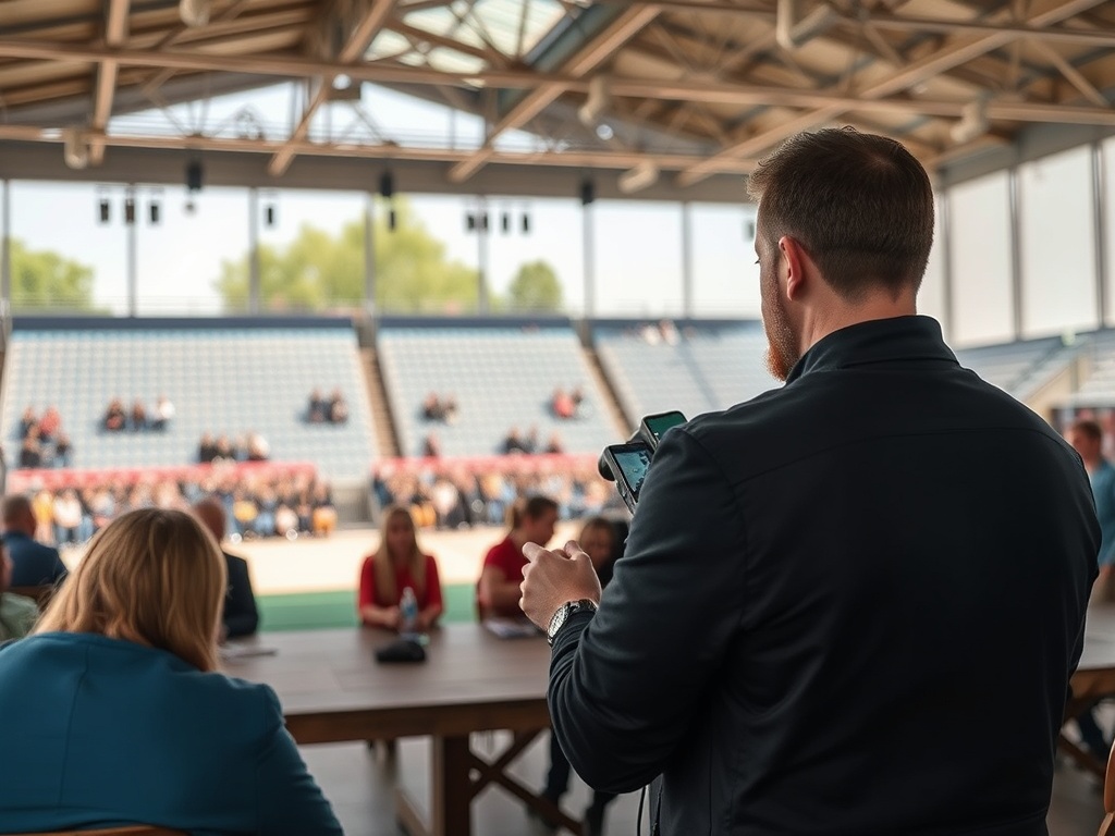 На изображении мужчина с телефоном стоит спиной к аудитории в пустом помещении для мероприятий.