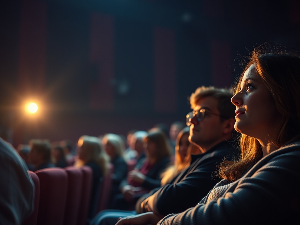 Зрители в кинотеатре смотрят фильм, освещение создает атмосферу ожидания и увлеченности.