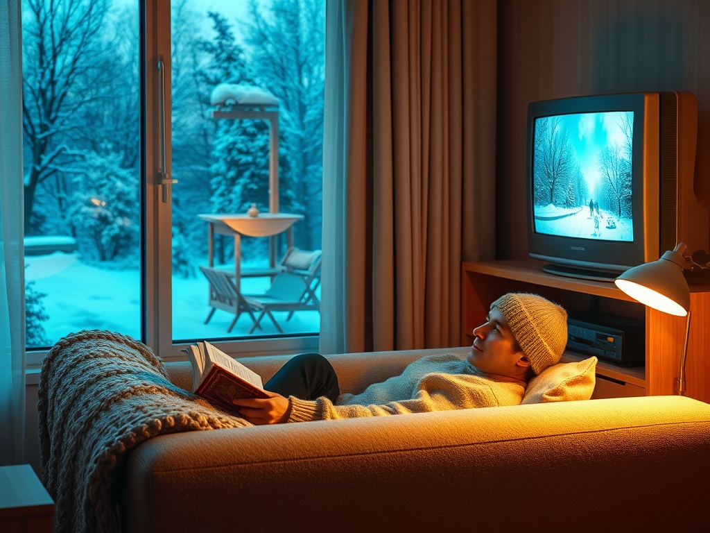 Человек в свитере и шапке читает книгу, уютно устроившись на диване при зимнем пейзаже за окном.
