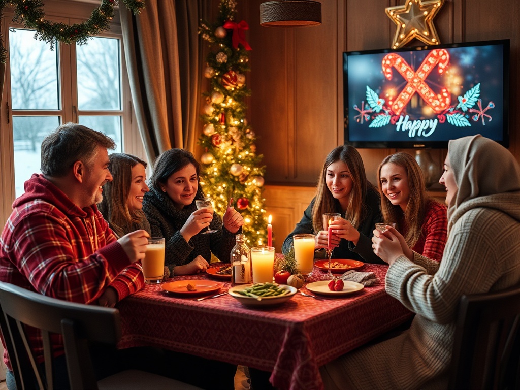 Группа друзей весело проводит время за столом, отмечая праздники рядом с рождественской елкой.