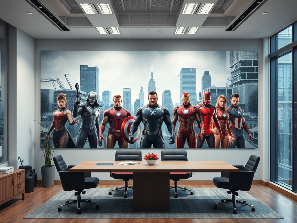 В офисе на стене большой постер с супергероями, сидящие столы и стулья в современном интерьере.