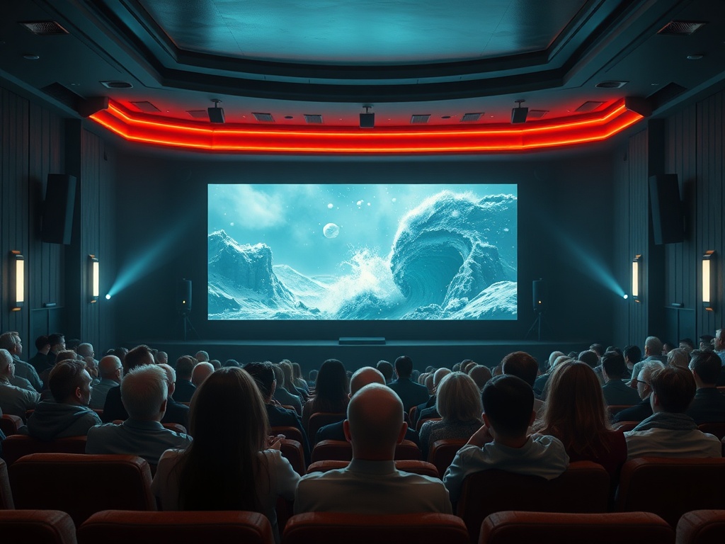 Зрители в философском кинотеатре, смотрящие на экран с изображением волн и планет.