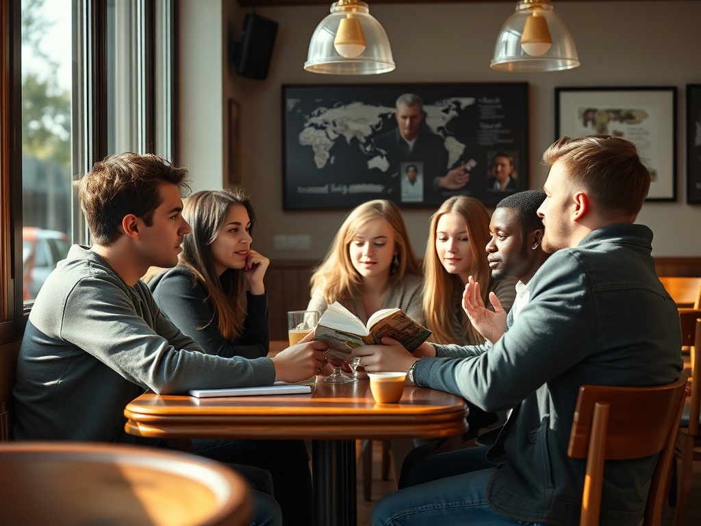 Шестеро друзей обсуждают книгу в кафе за круглым столом, на фоне стен с постерами и карты мира.
