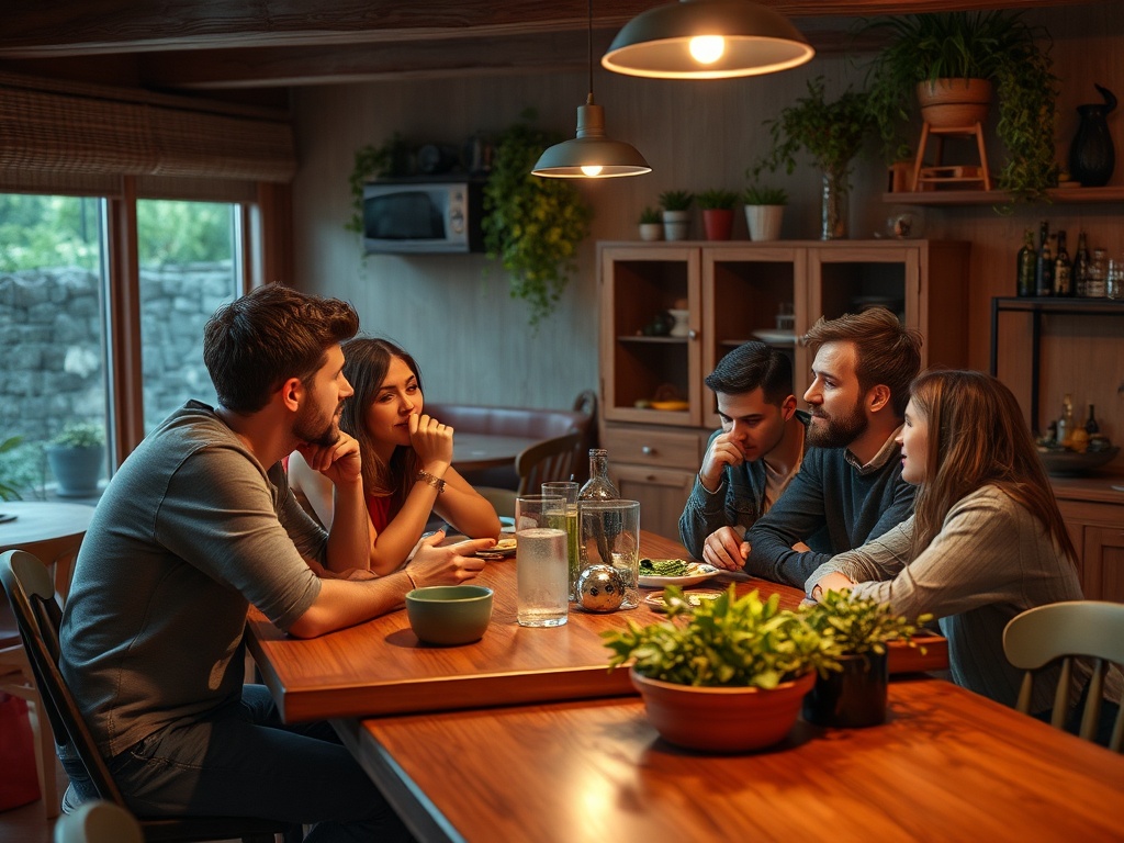 Группа из пяти человек обсуждает что-то интересное за обеденным столом в уютной обстановке.