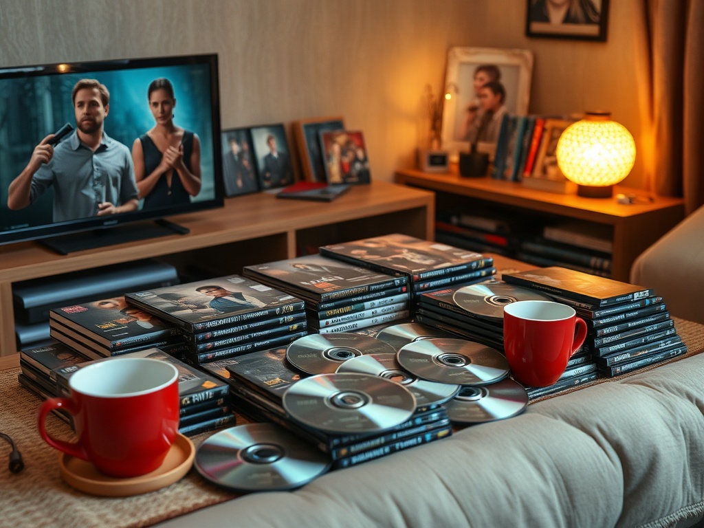 На столе стоят DVD-диски, чашки и телевизор с кадрами из фильма. Уютная атмосфера и организационный беспорядок.