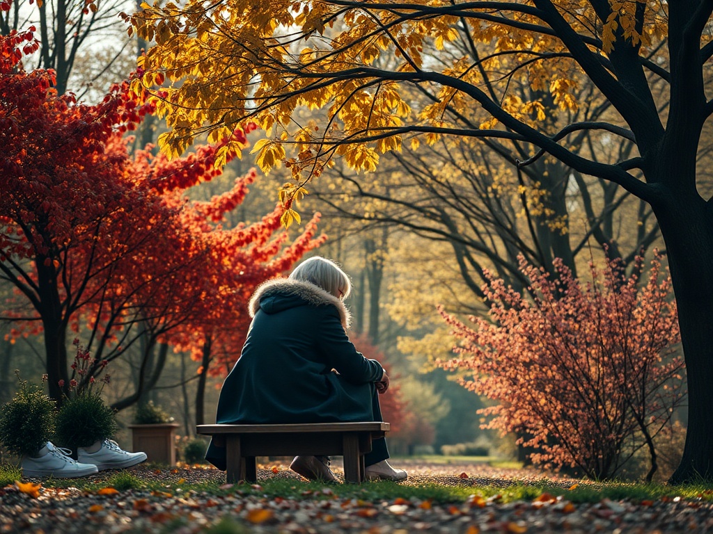 На скамейке сидит человек с белыми волосами, окруженный осенними деревьями с красными и желтыми листьями.