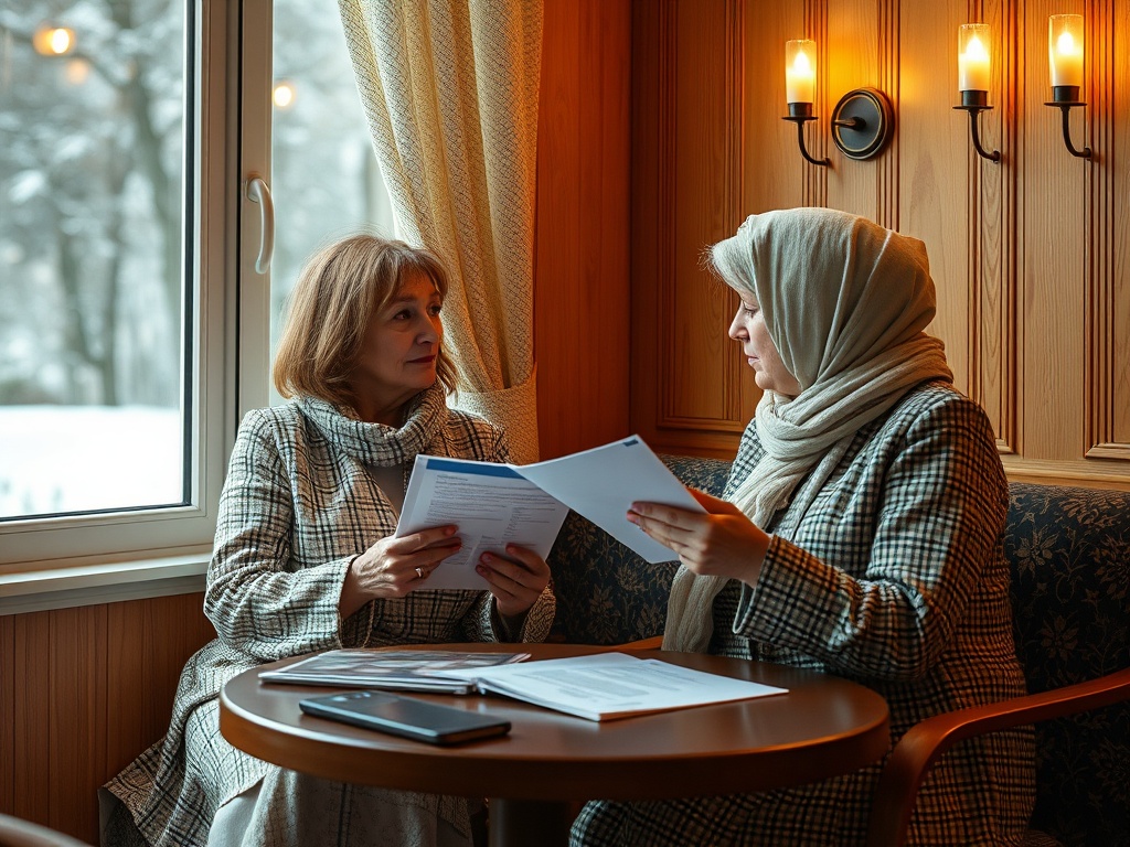 Две женщины беседуют за столом у окна, обсуждая документы в уютной обстановке зимнего дня.