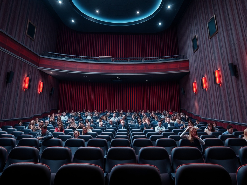 Зал кинотеатра с полными рядами зрителей, уютная атмосфера и освещение на стенах.