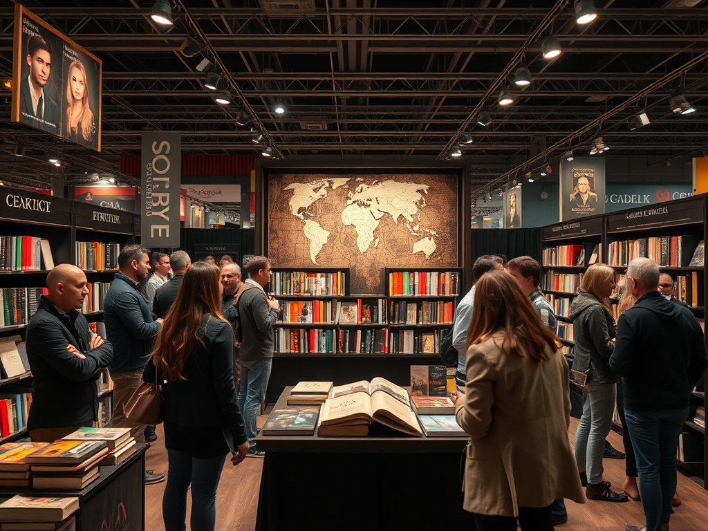 Люди обсуждают книги на книжной выставке, окруженные полками с литературой и картой мира на стене.