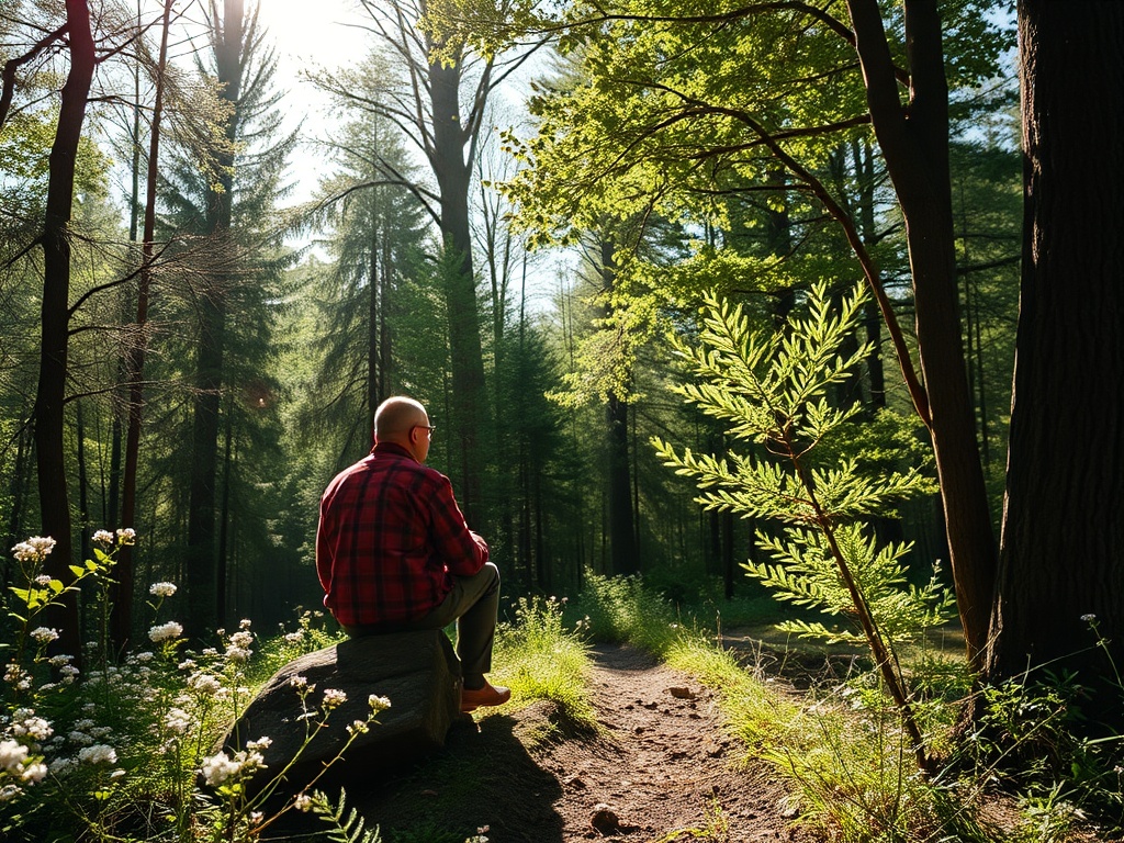 Человек сидит на камне в лесу, окружённый зелёной растительностью и солнечными лучами.