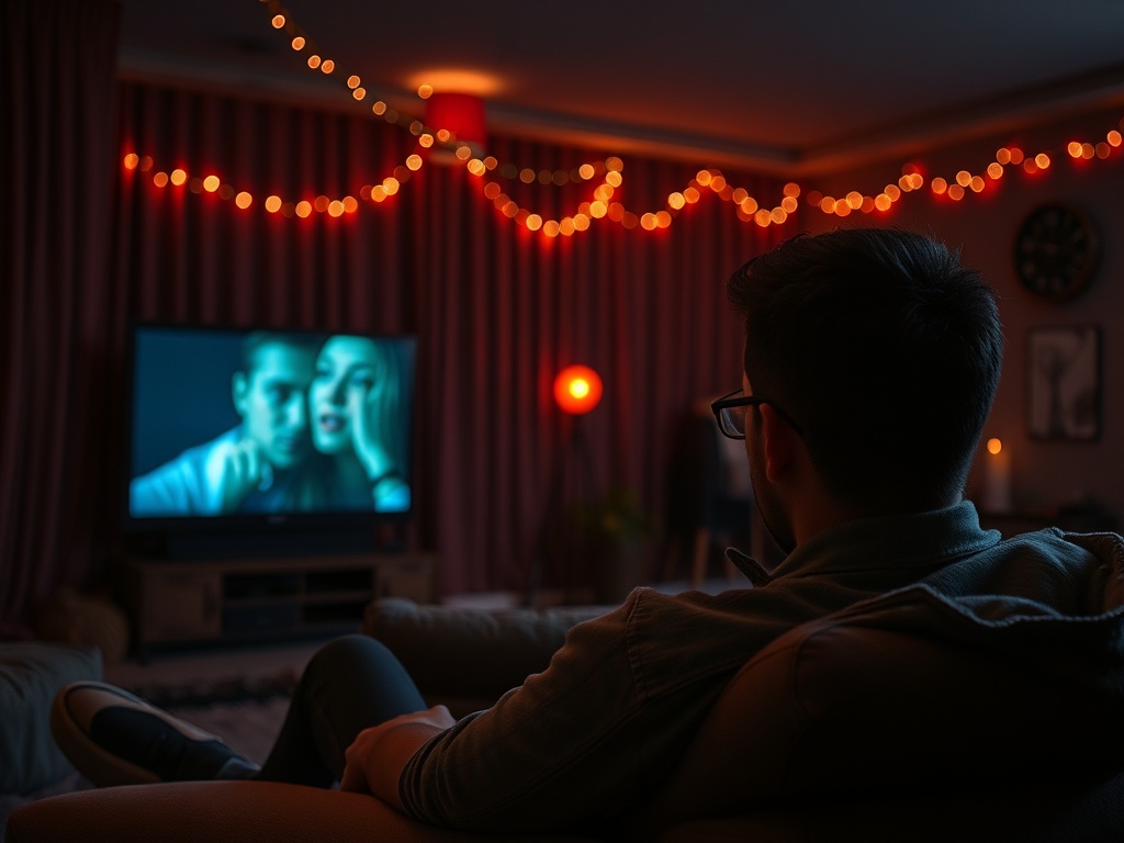 Человек сидит на диване и смотрит телевизор, в комнате мягкий свет и уютная атмосфера.