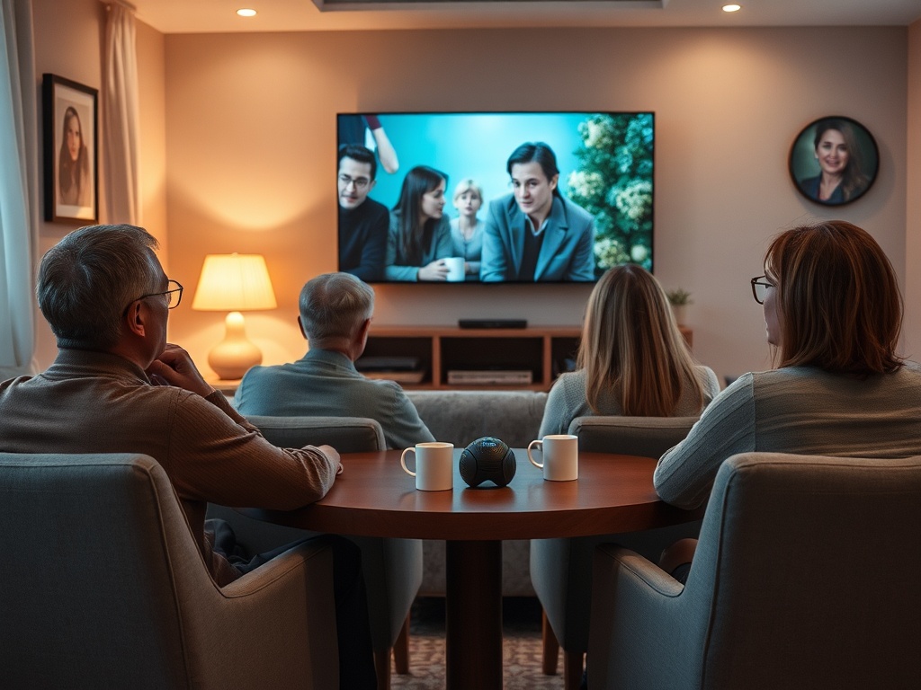 Взрослые люди смотрят фильм по телевизору, сидя за столом с чашками, в уютной комнате.