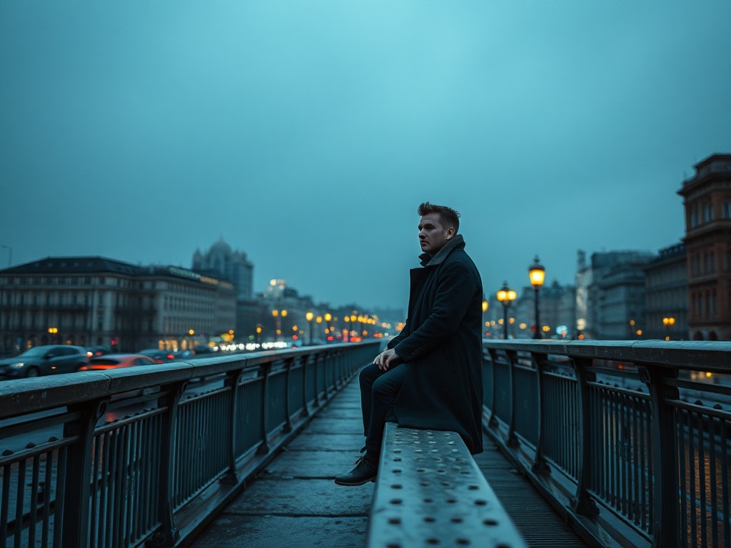 На мосту в сумерках сидит человек, окруженный городским пейзажем и огнями машин.