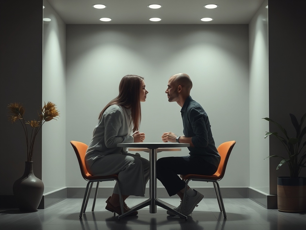 Два человека сидят за столом, спорят или обсуждают что-то важное в темной комнате.