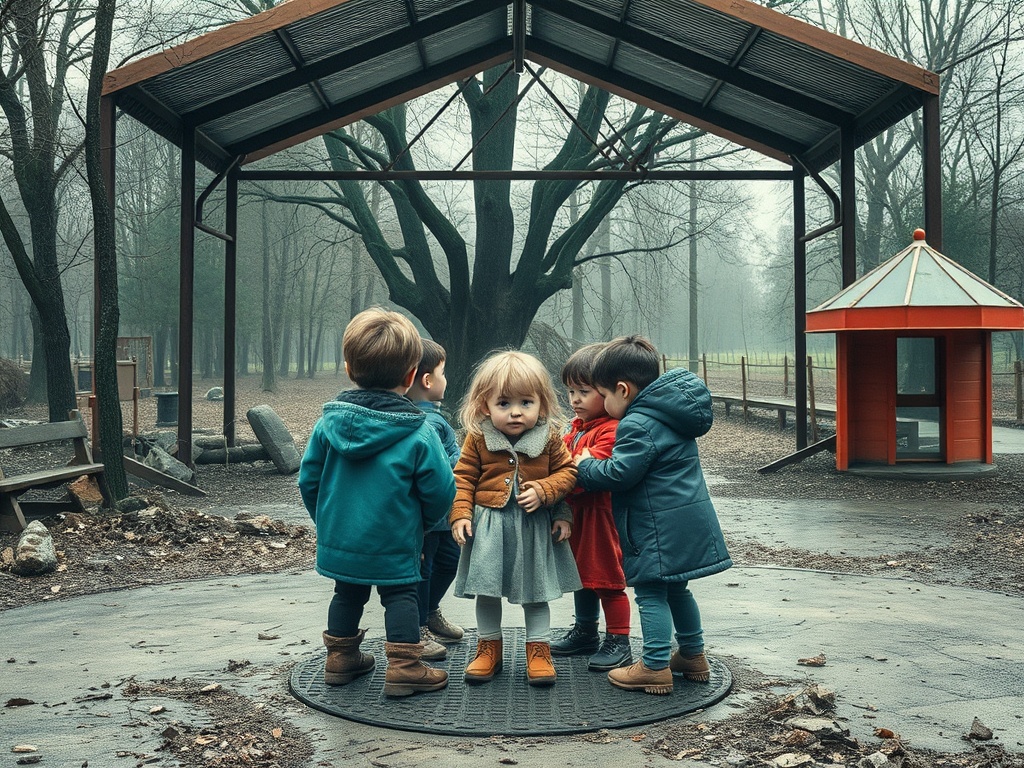 Четыре ребенка стоят под крышей игрового павильона в туманном парке, окруженные деревьями.