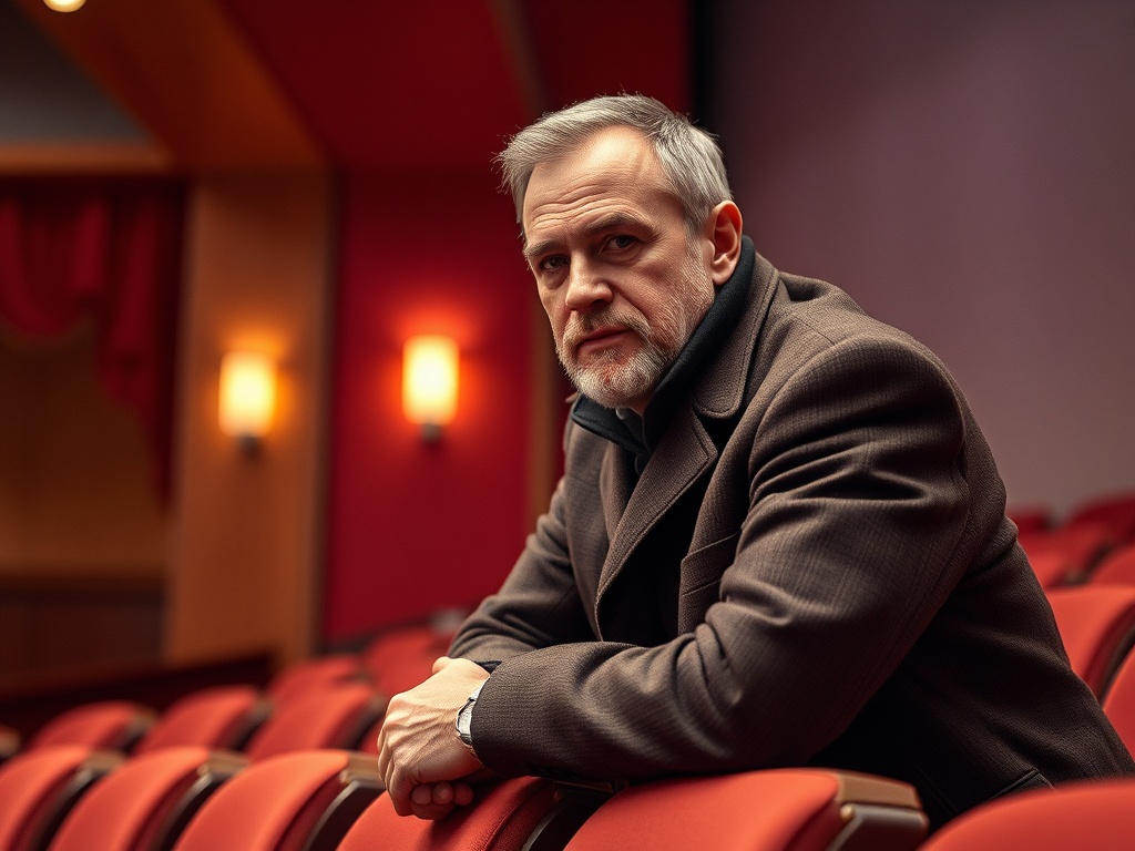 На изображении мужчина в пальто сидит в театре, в окружении красных кресел и мягкого освещения.