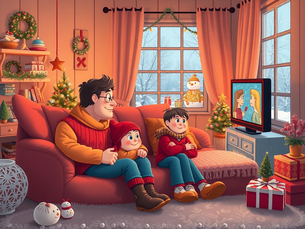 Счастливая семья смотрит телевизор в уютной комнате, украшенной к праздникам. За окном снежный пейзаж.