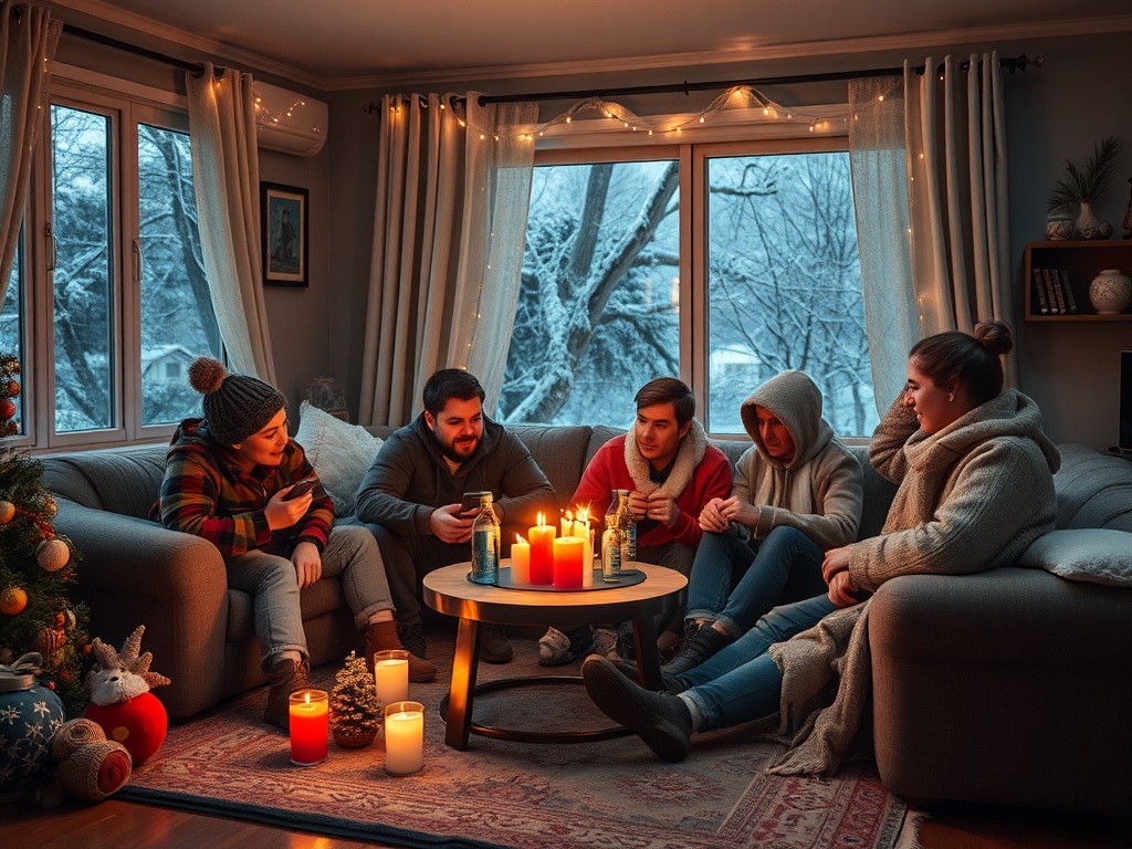 Группа друзей собирается у уютного камина, наслаждаясь общением и свечами в зимний вечер.