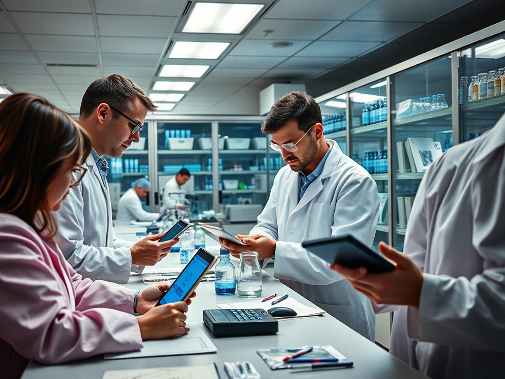 Группа ученых в лаборатории работает с планшетами и телефонами на столе с оборудованием и стеклянными флаконами.