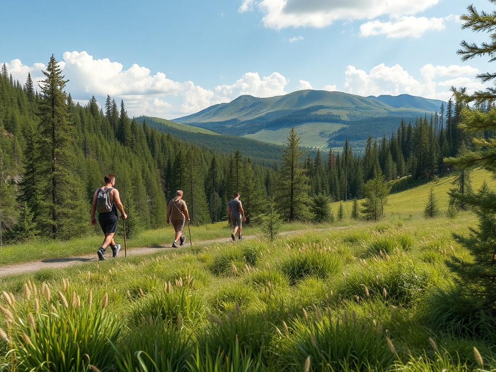 Группа людей идет по тропинке в лесу, окруженная зелеными деревьями и холмами на фоне голубого неба.