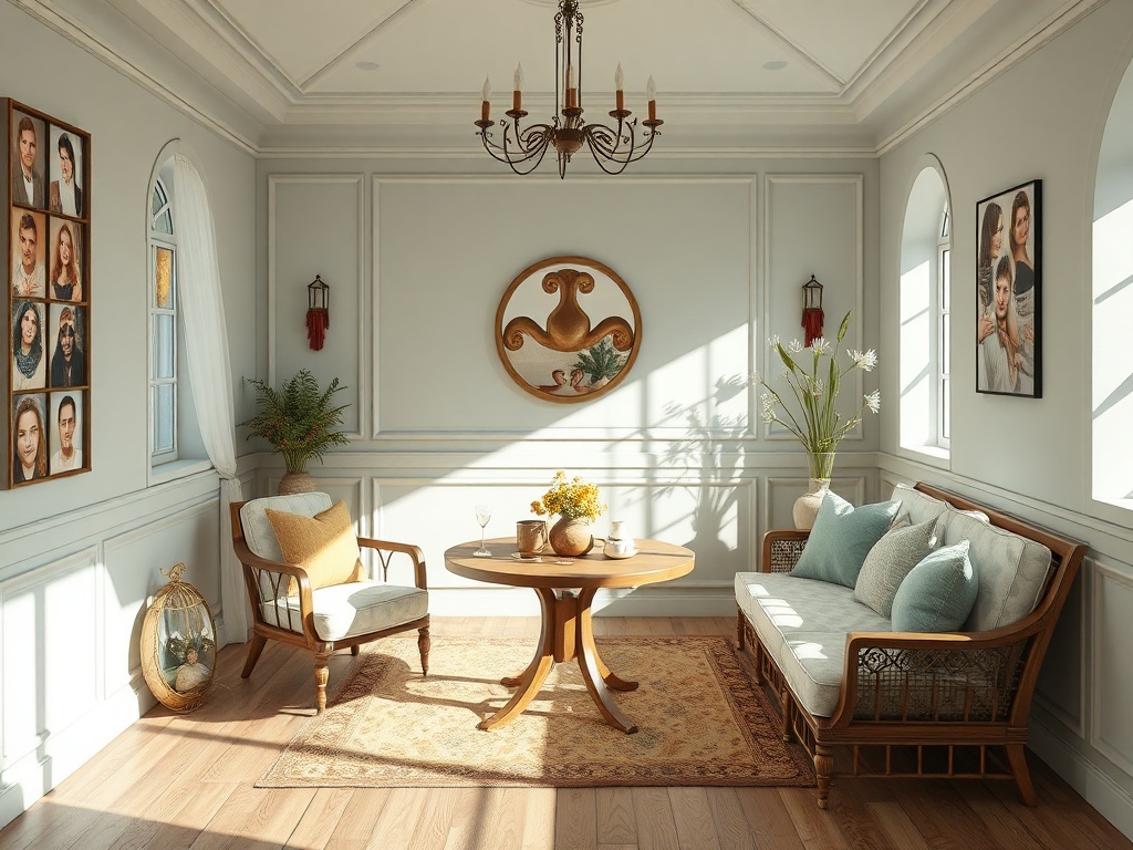 Светлая гостиная с мягкой мебелью, столом и картинами на стенах, наполненная уютом и естественным светом.