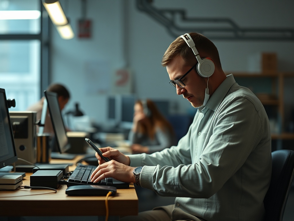 Человек в офисе работает с компьютером и телефоном, носит наушники и сосредоточен на задаче.