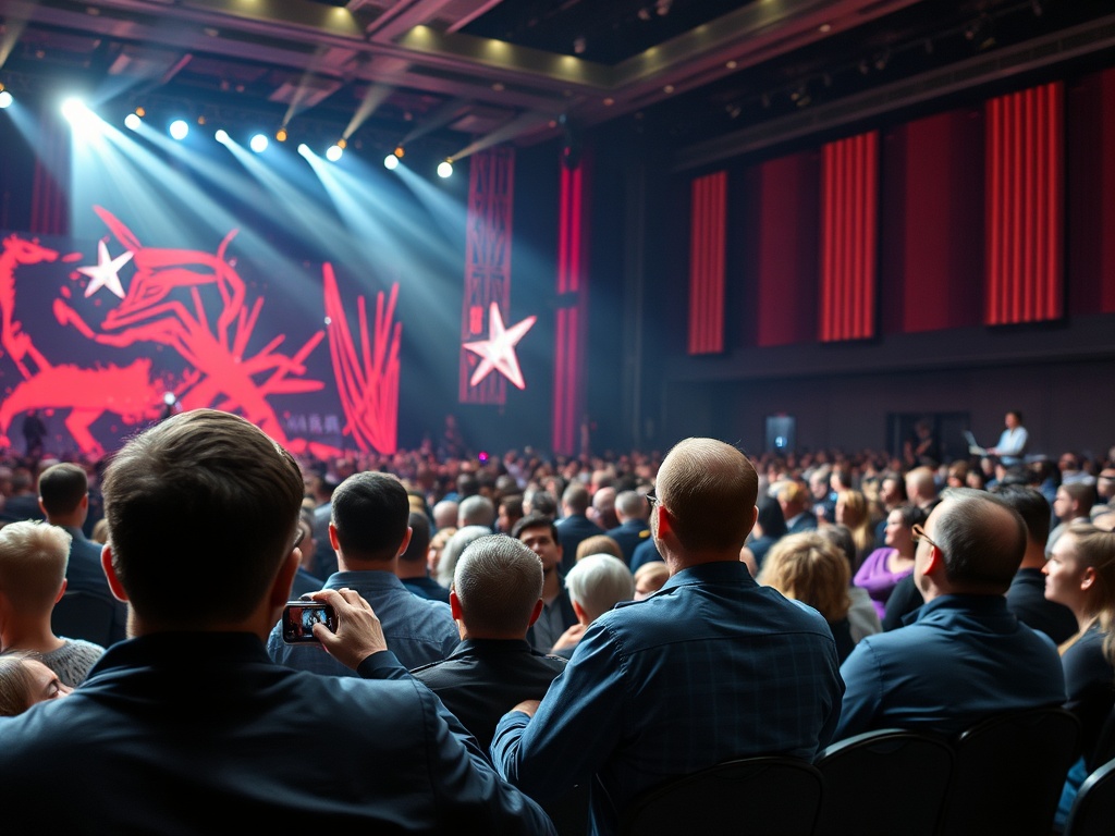 Зал с зрителями на концерте, сценические огни и яркие элементы декора. Люди снимают на телефоны.