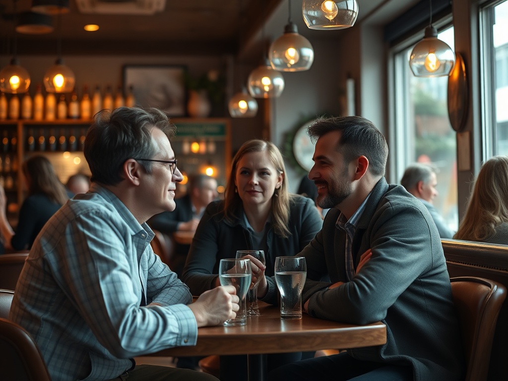 Трое людей разговаривают за столом в кафе, наслаждаясь напитками и теплой атмосферой.
