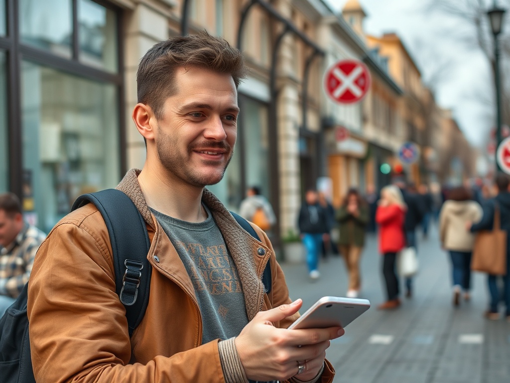 На оживлённой улице мужчина в коричневой куртке улыбается и смотрит на телефон. За ним проходят люди.
