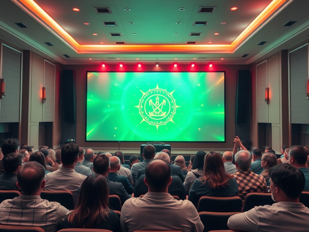 В зале собрания зрители смотрят на большой экран с зеленым фоном и символикой. Атмосфера ожидания.