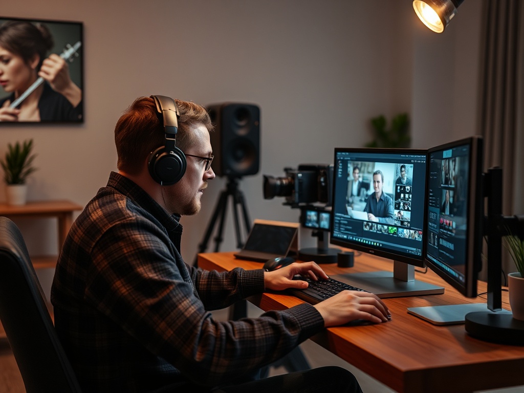Мужчина в наушниках работает за компьютером с несколькими экранами в уютной комнате.