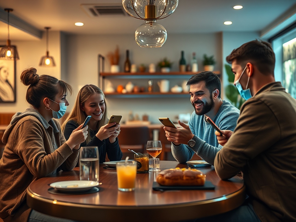Четыре человека в масках сидят за столом, смотрят на телефоны и смеются в уютном кафе.