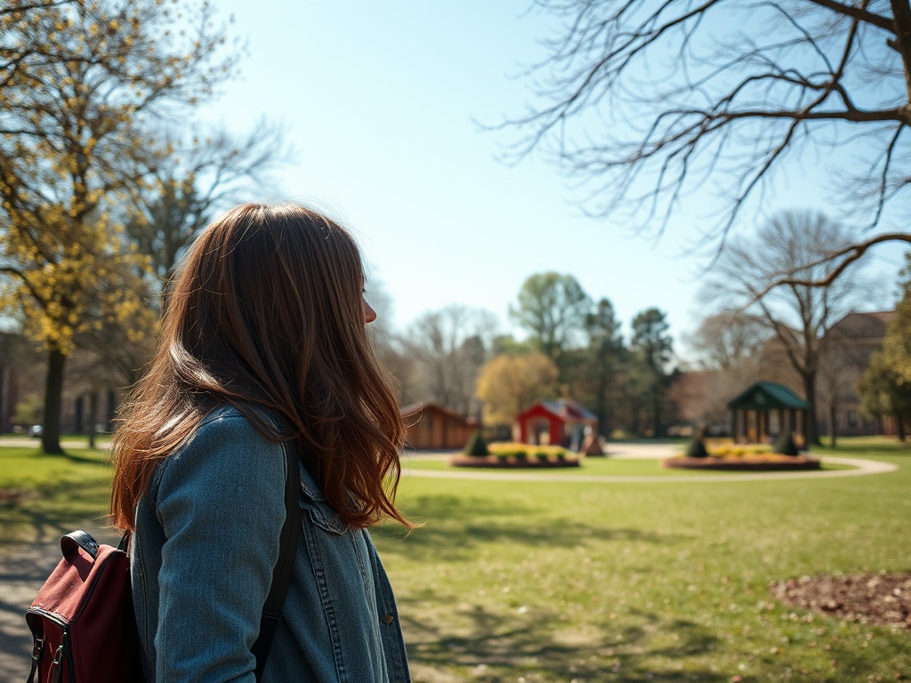Женщина с длинными волосами в джинсовой куртке смотрит на парк с зелёной травой и деревьями.