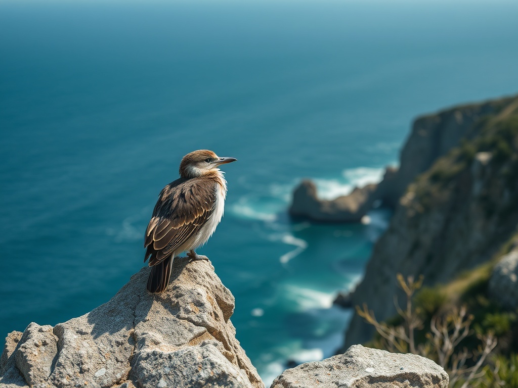 Птица сидит на камне у обрыва, глядя на спокойное море и прибрежные скалы.
