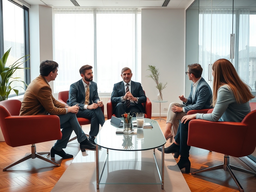 Небольшая деловая встреча в офисе, шесть человек обсуждают, сидя вокруг стеклянного стола.